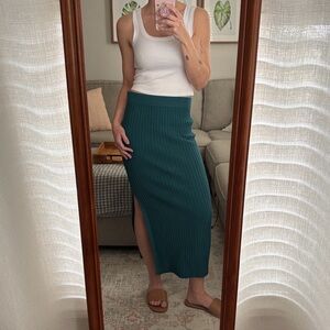 Teal Ribbed Knit Midi Skirt with slit